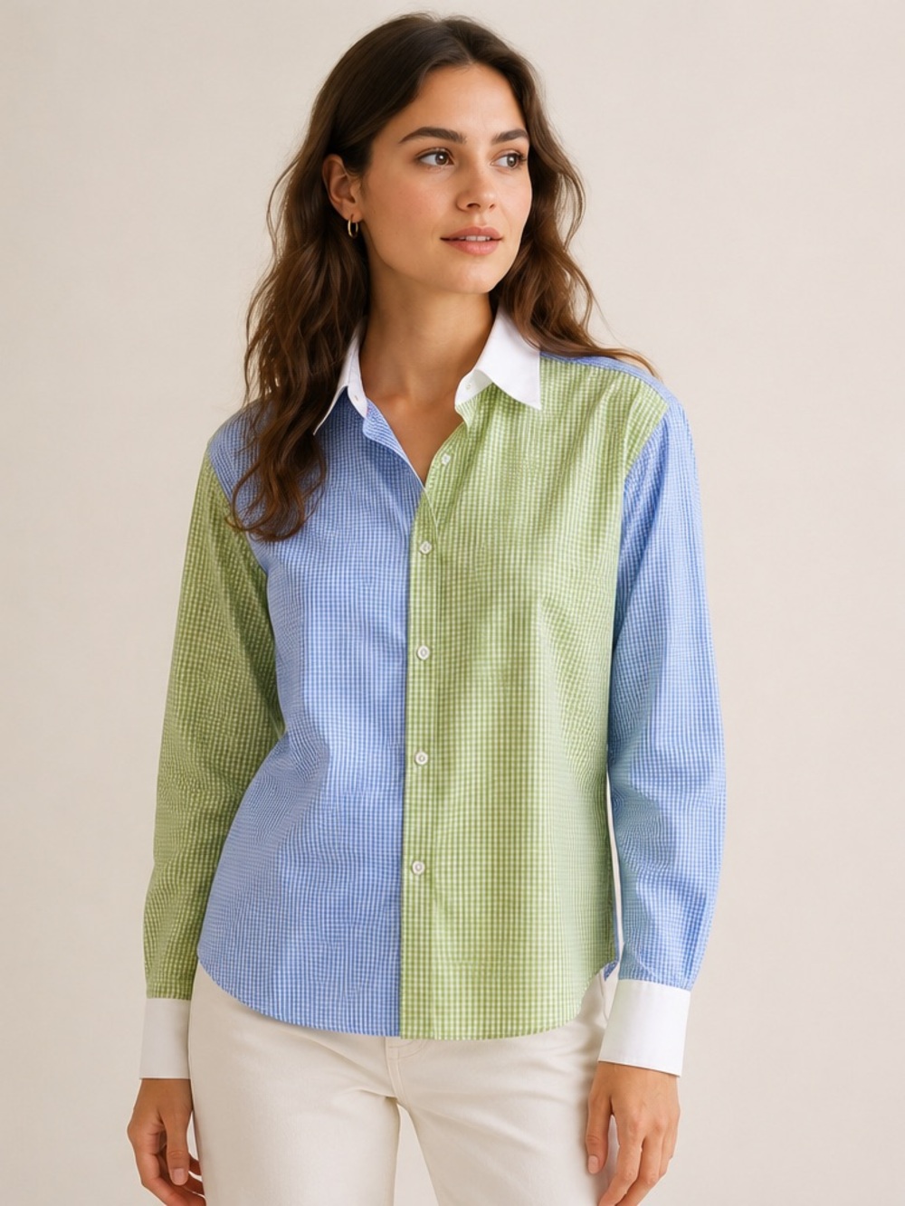 Hawes & Curtis London Colorblock Gingham Button-Up Shirt in Blue & Green M